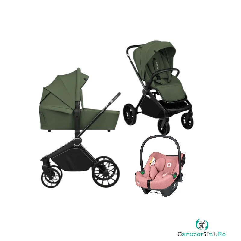 Carucior 3 in 1, Lionelo, Mika Plus, Cu scoica auto Roz testata ADAC, Reversibil, Cu sistem de ventilatie 3D, Cu accesorii, Pana la 22 kg, EN1888-1 EN1888-2 EN1466 ECE R129, Verde