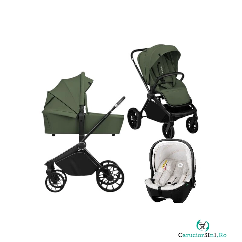Carucior 3 in 1, Lionelo, Mika Plus, Cu scoica auto Moxie Bej, Reversibil, Cu sistem de ventilatie 3D, Cu accesorii, Pana la 22 kg, EN1888-1 EN1888-2 EN1466 ECE R129, Verde la 2,487.99 lei ron