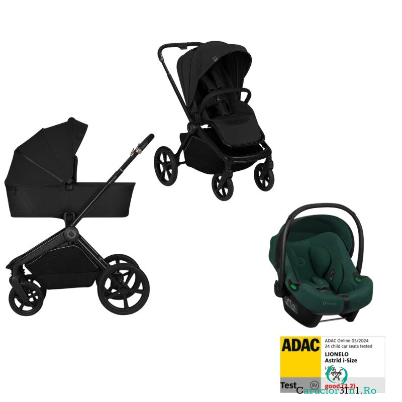 Set Carucior 3 in 1, Lionelo, Freya Black Onyx + Scoica testata ADAC i-Size Astrid, Green la 3,977.98 lei ron
