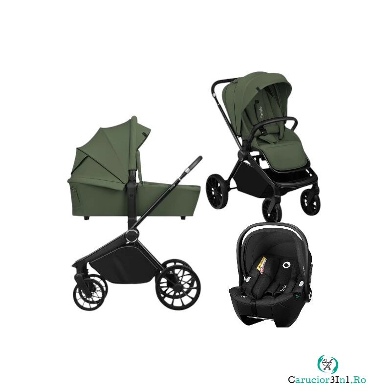 Carucior 3 in 1, Lionelo, Mika Plus, Cu scoica auto Moxie Black Carbon, Reversibil, Cu sistem de ventilatie 3D, Cu accesorii, Pana la 22 kg, EN1888-1 EN1888-2 EN1466 ECE R129, Verde