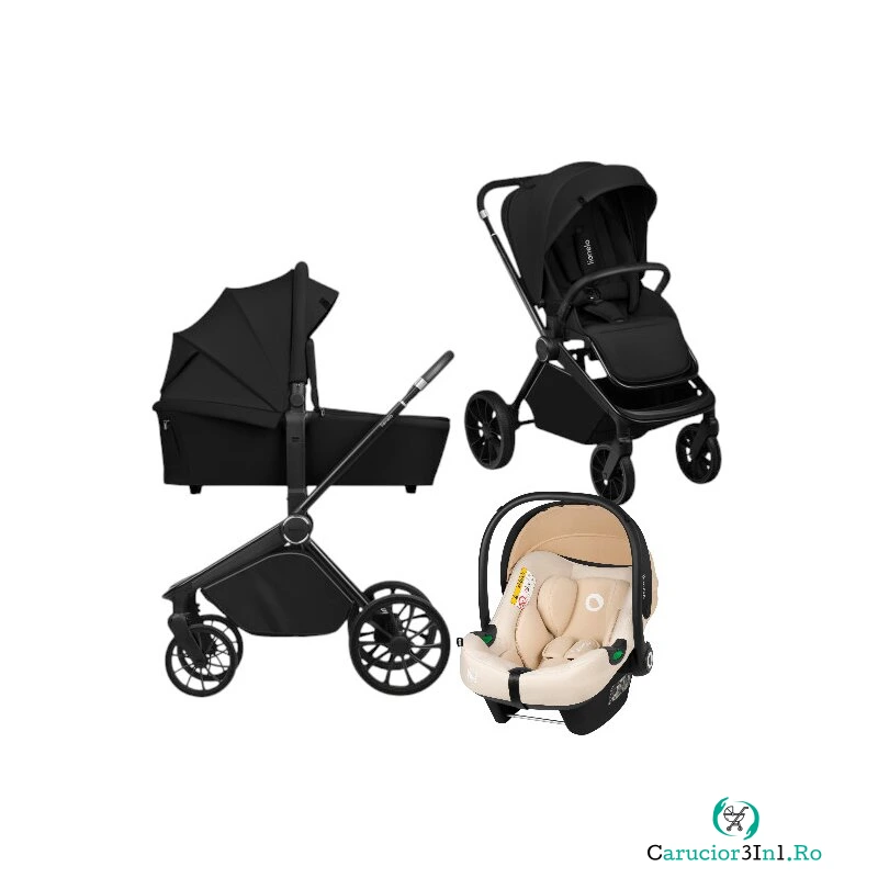 Carucior 3 in 1, Lionelo, Mika Plus, Cu scoica auto Bej testata ADAC, Reversibil, Cu sistem de ventilatie 3D, Cu accesorii, Pana la 22 kg, EN1888-1 EN1888-2 EN1466 ECE R129, Negru