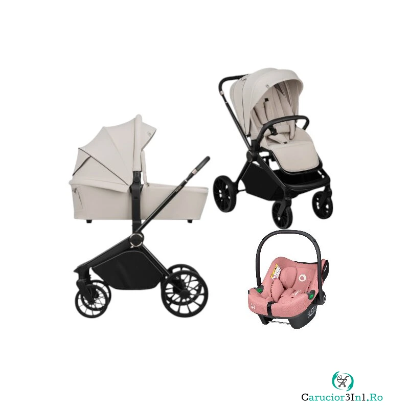 Carucior 3 in 1, Lionelo, Mika Plus, Cu scoica auto Roz testata ADAC, Reversibil, Cu sistem de ventilatie 3D, Cu accesorii, Pana la 22 kg, EN1888-1 EN1888-2 EN1466 ECE R129, Bej la 2,470.99 lei ron