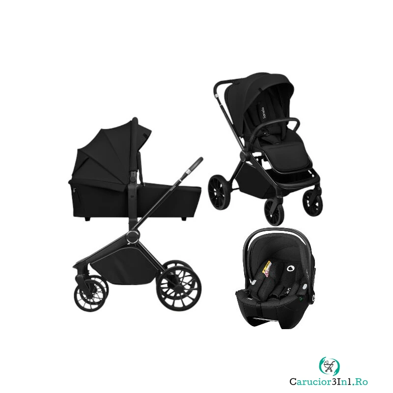 Carucior 3 in 1, Lionelo, Mika Plus, Cu scoica auto Moxie Black Carbon, Reversibil, Cu sistem de ventilatie 3D, Cu accesorii, Pana la 22 kg, EN1888-1 EN1888-2 EN1466 ECE R129, Negru