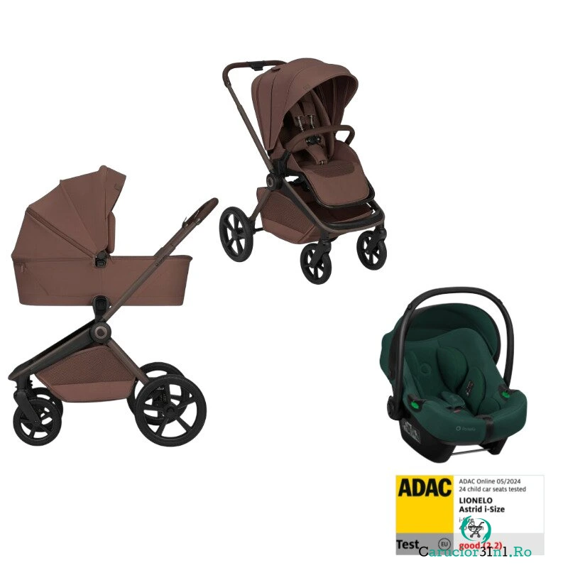 Set Carucior 3 in 1, Lionelo, Freya Brown Chocolate + Scoica testata ADAC i-Size Astrid, Green la 3,977.98 lei ron