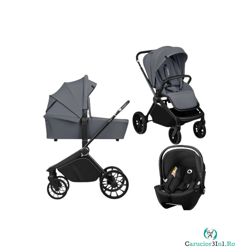 Carucior 3 in 1, Lionelo, Mika Plus, Cu scoica auto Moxie Black Carbon, Reversibil, Cu sistem de ventilatie 3D, Cu accesorii, Pana la 22 kg, EN1888-1 EN1888-2 EN1466 ECE R129, Gri la 2,644.99 lei ron