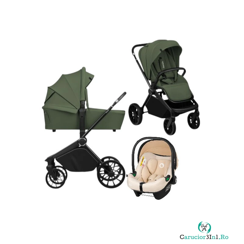 Carucior 3 in 1, Lionelo, Mika Plus, Cu scoica auto Bej testata ADAC, Reversibil, Cu sistem de ventilatie 3D, Cu accesorii, Pana la 22 kg, EN1888-1 EN1888-2 EN1466 ECE R129,Verde